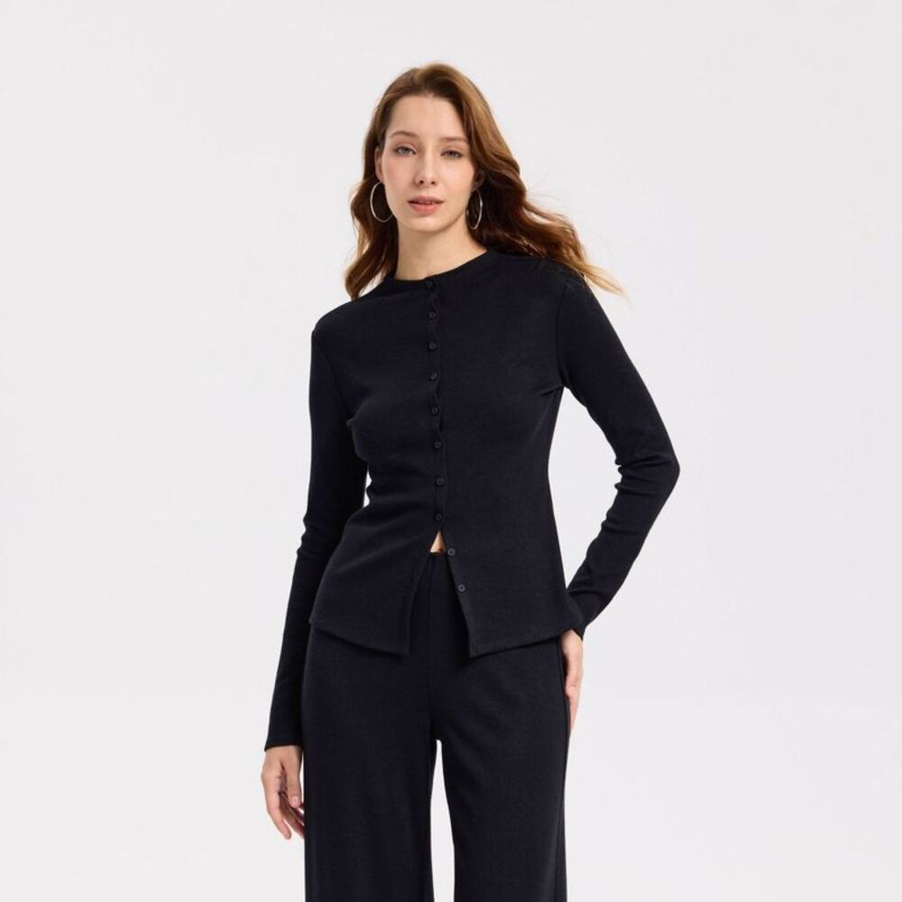 Women's Rib-Knit High Neck Cardigan Sweater - A New Day Black L